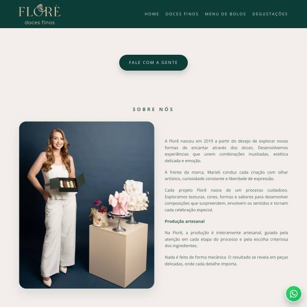 Screenshot completo da Flore Doces Finos mostrando estrutura de página e catálogo.