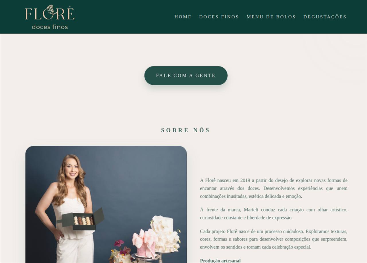 Screenshot da Flore Doces Finos com vitrine de produtos e identidade visual da marca.