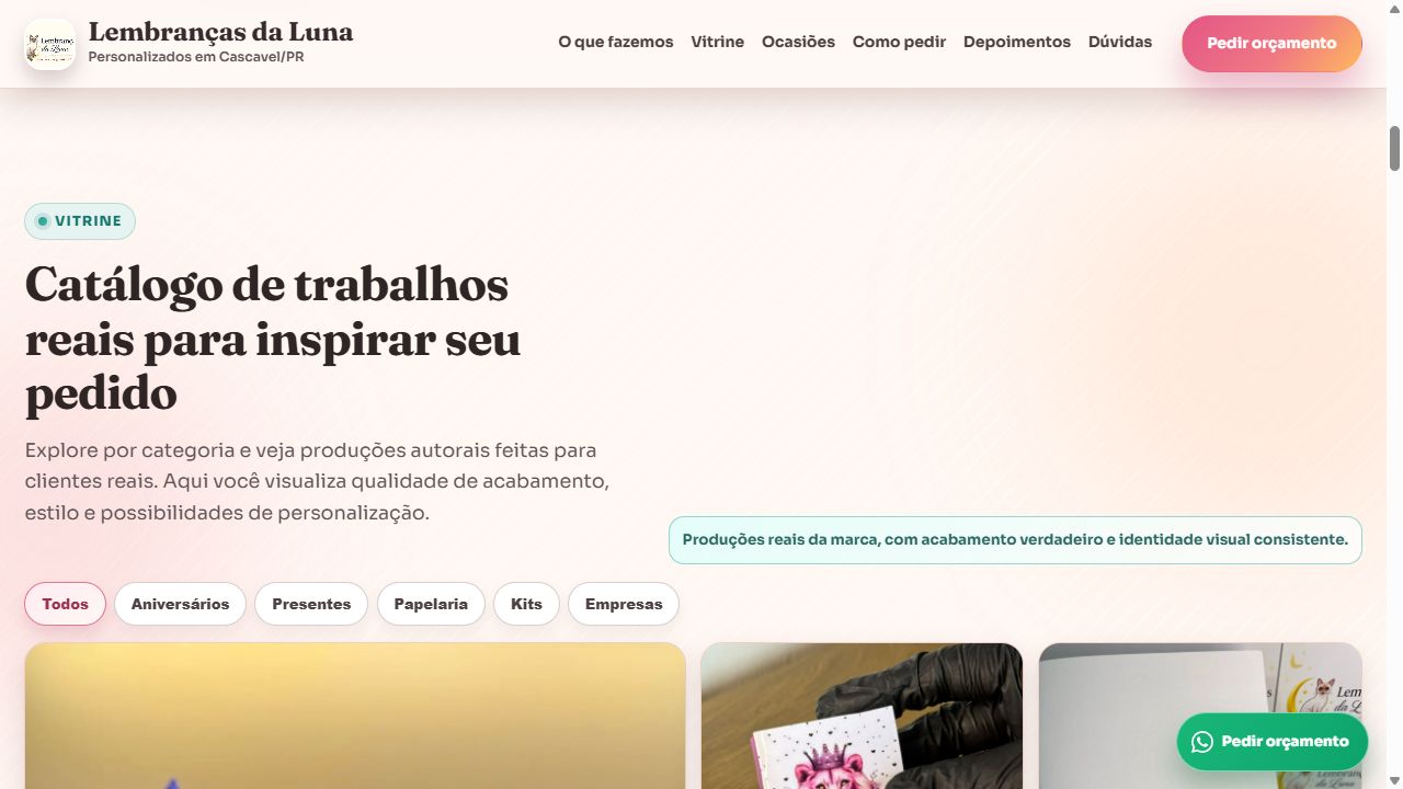 Captura do catálogo da Lembranças da Luna com trabalhos reais e filtros por categoria.