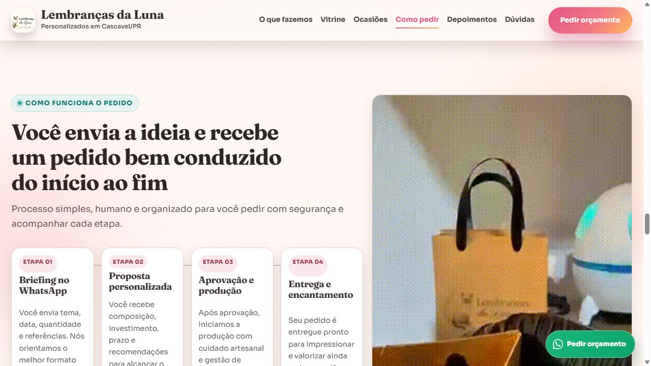 Captura da seção Como pedir do site Lembranças da Luna, com as etapas do pedido pelo WhatsApp.