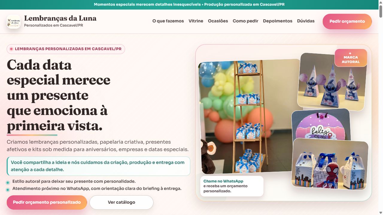 Captura da página inicial do site Lembranças da Luna, com apresentação de lembranças personalizadas e acesso ao catálogo.