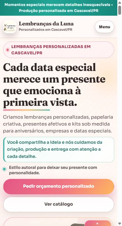 Captura da versão mobile da página inicial do site Lembranças da Luna.