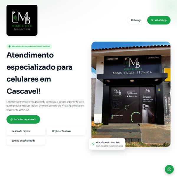 Screenshot completo da MB Mobile Tech com estrutura de navegação e conteúdo comercial.