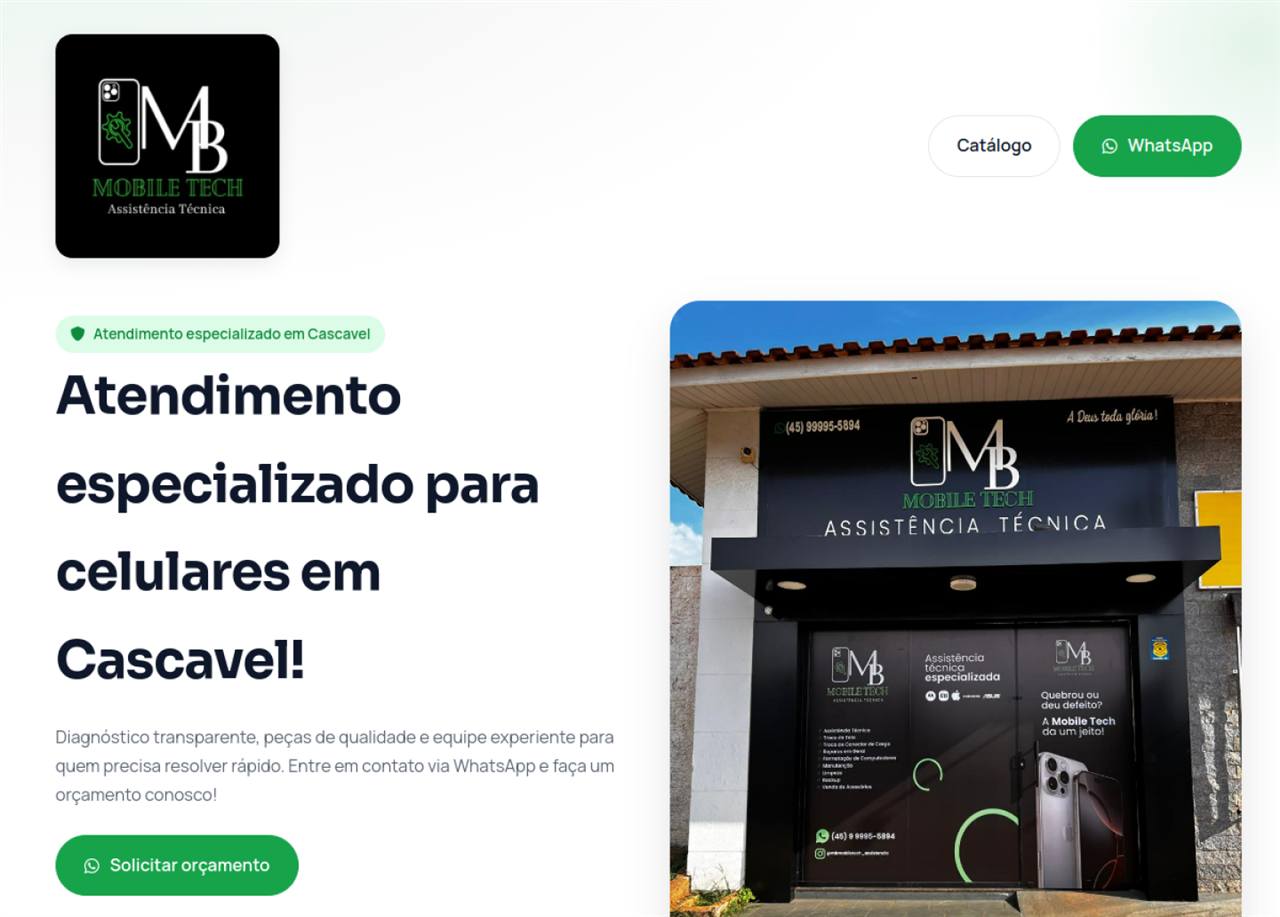 Screenshot da MB Mobile Tech com vitrine de produtos e interface comercial.